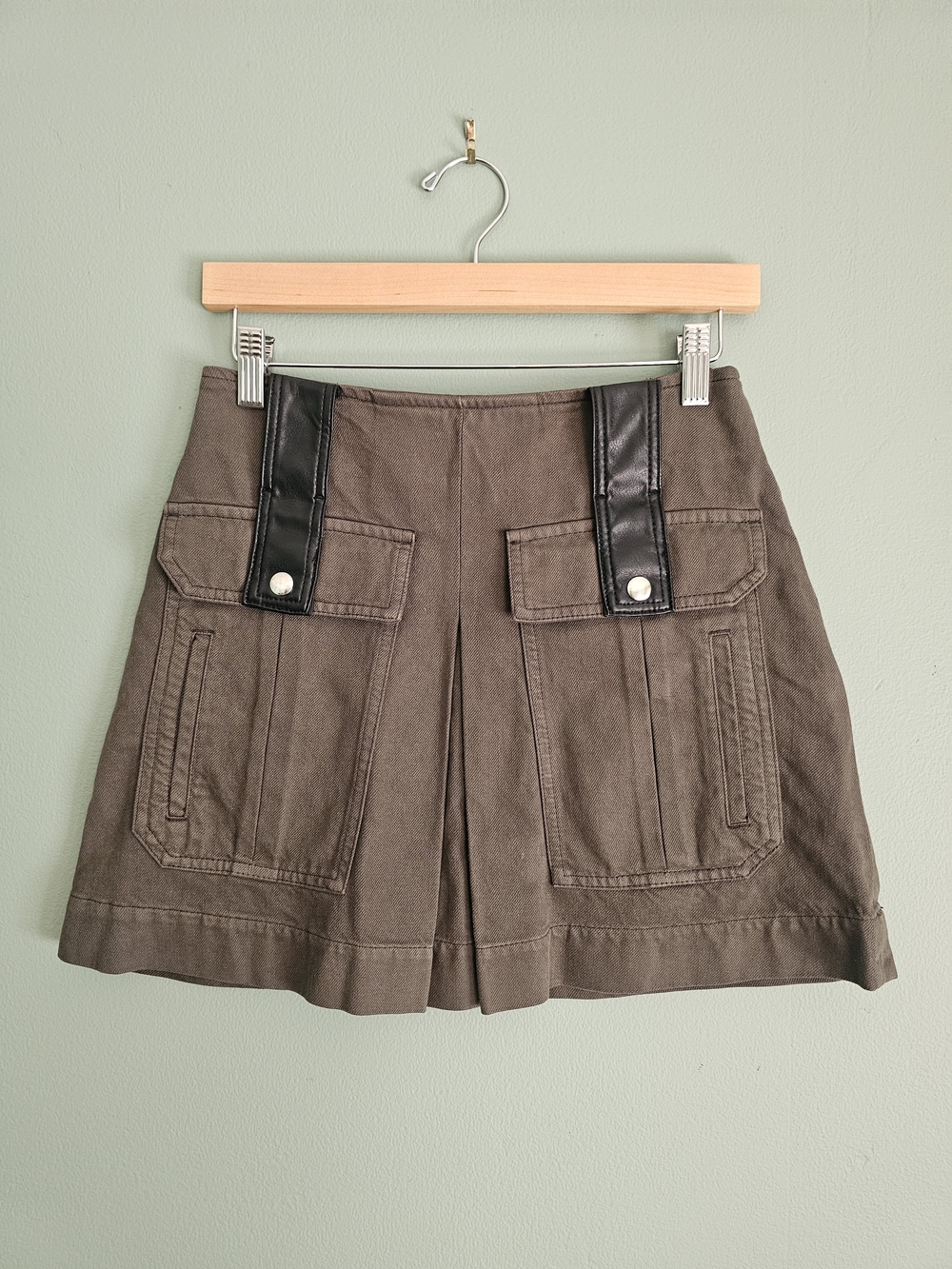 NWOT Olive Utility Skirt with Black Leather Trim